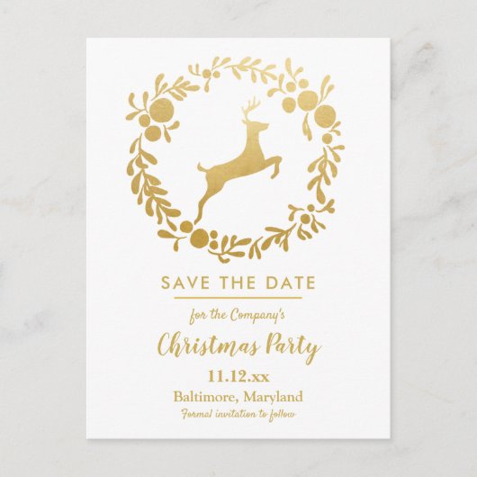金ゴールド·トナカイ·クリスマス|リースホリデーパーティ 案内ポストカード (正面)