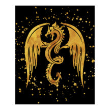 金ゴールド・ドラゴン・イン・ザ・スターズ・ポスターの黒背景