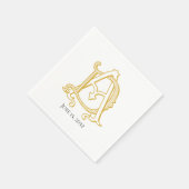 金ゴールド・ナプキンスのADまたはDAモノグラムアンティークヴィンテージ スタンダードカクテルナプキン (角)