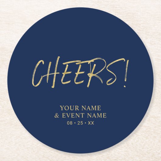 金ゴールド&ネイビシンプルー応援大人の誕生日パーティー ラウンドペーパーコースター (正面)