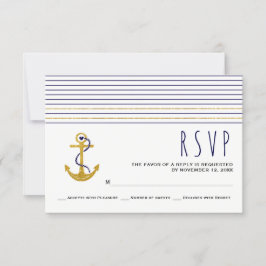 金ゴールド、ネイビーいかり、ストライプウェディング航海のRSVP 出欠カード