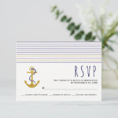 金ゴールド、ネイビーいかり、ストライプウェディング航海のRSVP 出欠カード (スタンド正面)