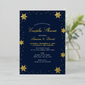 金ゴールド&ネイビーウィンタースノーカップルウェディングシャワー 箔招待状 (立ち正面)