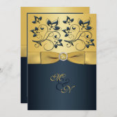 金ゴールド、ネイビーフローラモノグラム結婚式招待状 招待状 (正面/裏面)