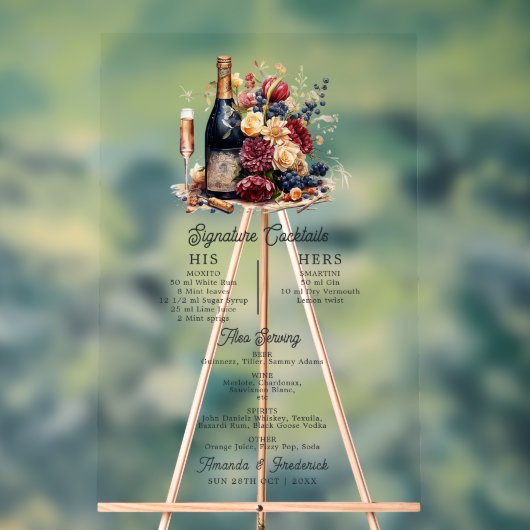 金ゴールド、ネイビーブルーとブルゴーニュのシグネチャーカクテル アクリルサイン (ニュートラル)