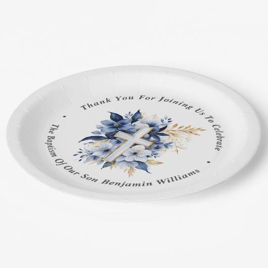金ゴールド&ネイビーブルーウォーターカラーバプテスマありがとう ペーパープレート (アングル)