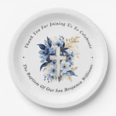 金ゴールド&ネイビーブルーウォーターカラーバプテスマありがとう ペーパープレート (正面)
