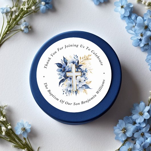 金ゴールド&ネイビーブルーウォーターカラーバプテスマありがとう ラウンドシール