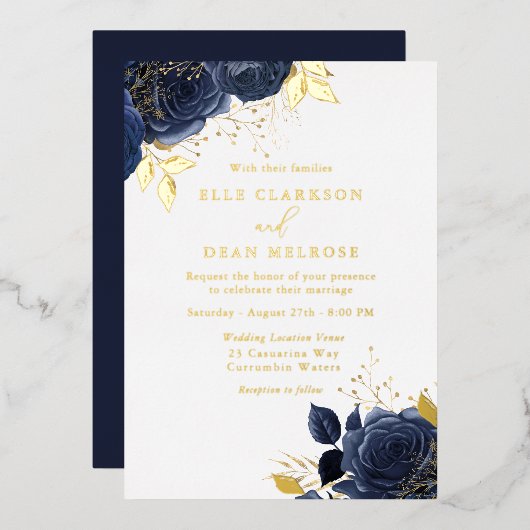 金ゴールド&ネイビーブルーバラズ結婚ゴールデンズ 箔招待状 (正面/裏面)
