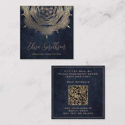 金ゴールド&ネイビーブルーマンダラ霊気癒し瞑想 スクエア名刺 (正面/裏面)
