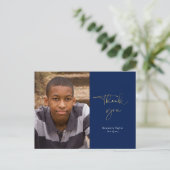 金ゴールド&ネイビーブルー卒業ありがとう写真 ポストカード (スタンド正面)