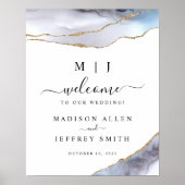 金ゴールド&ネイビーブルー結婚アゲートのウェルカムサイン ポスター (正面)