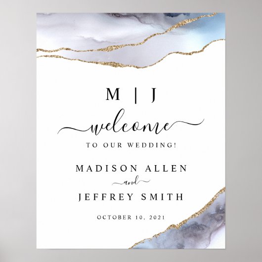 金ゴールド&ネイビーブルー結婚アゲートのウェルカムサイン ポスター (正面)