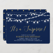 金ゴールド&ネイビーブルー |サプライズ50th誕生日パーティー 招待状 (正面/裏面)