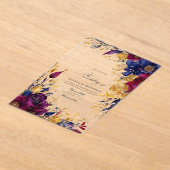 金ゴールド、ネイビーブルー、ブルゴーニュフローラ結婚ズ アクリル招待状 (レイダウン)