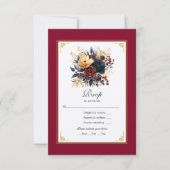 金ゴールド、ネイビーブルー、ブルゴーニュフローラ結婚ズ 出欠カード (正面)