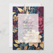 金ゴールド、ネイビーブルー、ブルゴーニュフローラ結婚ズ 招待状 (正面)