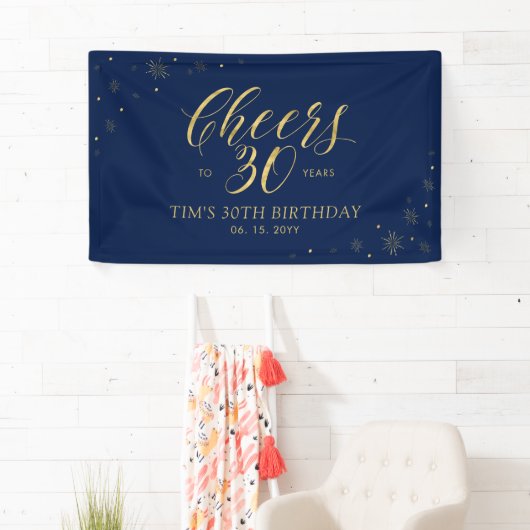 金ゴールド&ネイビーモダン応援30th誕生日パーティー 横断幕 (インサイチュ)