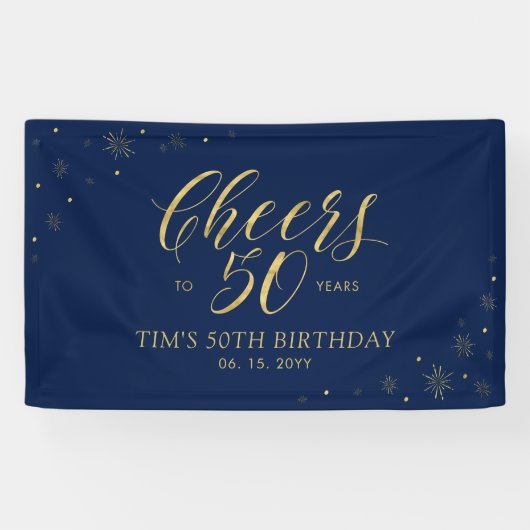 金ゴールド&ネイビーモダン応援50thバースデーパーティー 横断幕 (横)