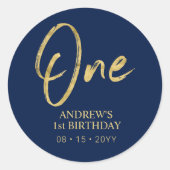金ゴールド&ネイビーレタリングワンファースト誕生日の好意 ラウンドシール (正面)