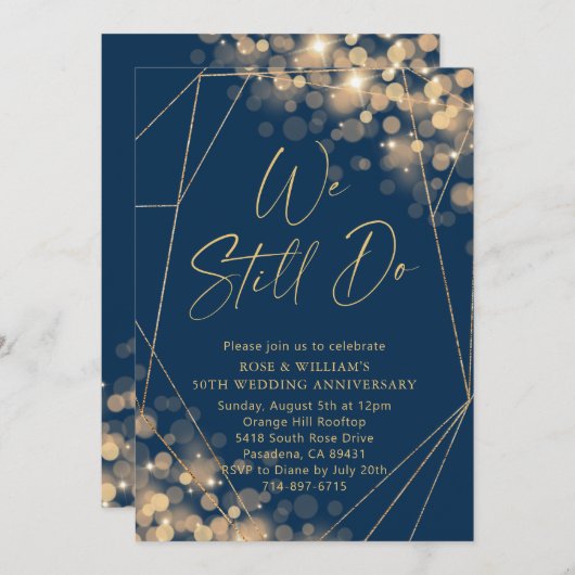 金ゴールド&ネイビー我々はまだ50周年結婚を果たす 招待状 (正面/裏面)
