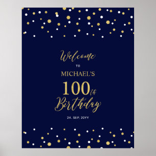 金ゴールド&ネイビー紙吹雪100th Birthday Party Welcome ポスター