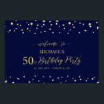 金ゴールド&ネイビー紙吹雪50th Birthday Party Welcome ポスター<br><div class="desc">この金ゴールドとネイビーブルーのウェルカムサインで特別なお祝いデースタイリッシュにゲストを歓迎。このポスターはモダンタイポグラフィ「50誕生日へようこそ」と六角紙吹雪デザインを備えている。名前カスタマイズと日付を指定できる。マッチング招待状とパーティー用品は私のショップBaraBomDesignで利用可能。</div>