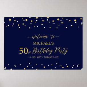 金ゴールド&ネイビー紙吹雪50th Birthday Party Welcome ポスター