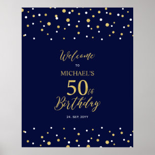 金ゴールド&ネイビー紙吹雪50th Birthday Party Welcome ポスター