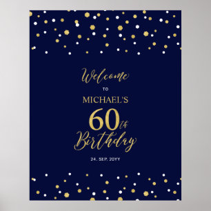 金ゴールド&ネイビー紙吹雪60th Birthday Party Welcome ポスター