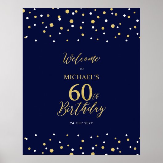 金ゴールド&ネイビー紙吹雪60th Birthday Party Welcome ポスター (正面)