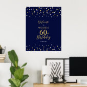 金ゴールド&ネイビー紙吹雪60th Birthday Party Welcome ポスター (ホームオフィス)
