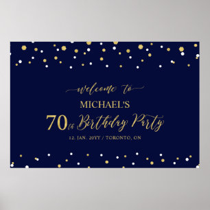 金ゴールド&ネイビー紙吹雪70th Birthday Party Welcome ポスター
