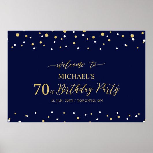金ゴールド&ネイビー紙吹雪70th Birthday Party Welcome ポスター (正面)