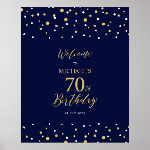 金ゴールド&ネイビー紙吹雪70th Birthday Party Welcome ポスター