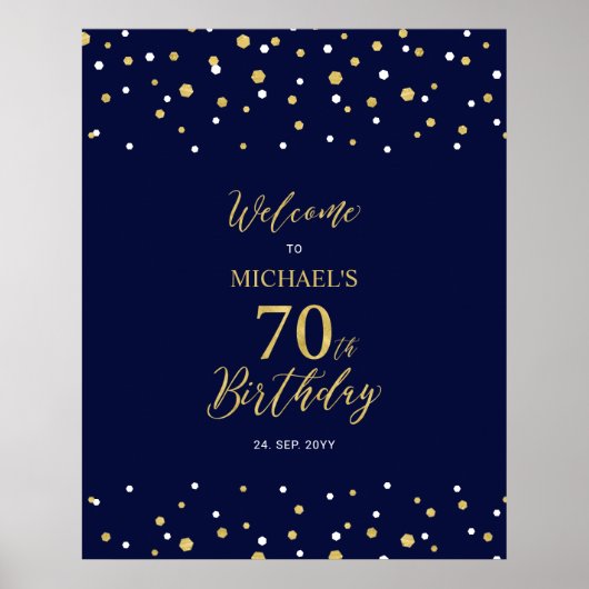 金ゴールド&ネイビー紙吹雪70th Birthday Party Welcome ポスター (正面)