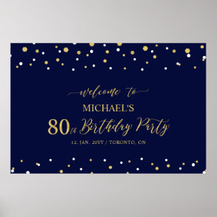 金ゴールド&ネイビー紙吹雪80th Birthday Party Welcome ポスター