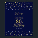 金ゴールド&ネイビー紙吹雪80th Birthday Party Welcome ポスター<br><div class="desc">この金ゴールドとネイビーブルーのウェルカムサインで特別なお祝いデースタイリッシュにゲストを歓迎。このサインはモダンタイポグラフィ「80誕生日へようこそ」と六角形紙吹雪デザインを特徴とする。名前カスタマイズと日付を指定できる。マッチング招待状とパーティー用品は私のショップBaraBomDesignで利用可能。</div>