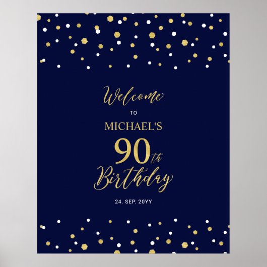 金ゴールド&ネイビー紙吹雪90th Birthday Party Welcome ポスター (正面)