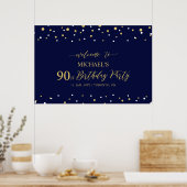 金ゴールド&ネイビー紙吹雪90th Birthday Party Welcome ポスター (キッチン)