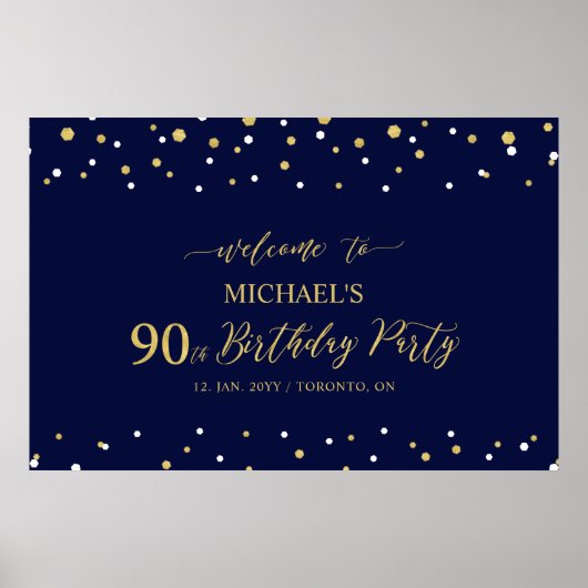 金ゴールド&ネイビー紙吹雪90th Birthday Party Welcome ポスター (正面)