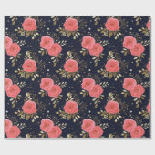 金ゴールド・ネイビー・ピンク手描きバラ花柄 ラッピングペーパー (フラット)