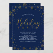 金ゴールド・ネイビー |雪モダン片ホリデーパーティー 招待状 (正面/裏面)