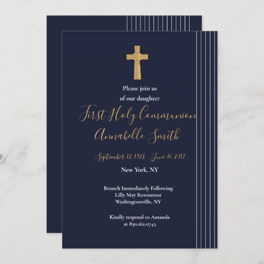 金ゴールド·ネービー·ブルー·エレガントタイポグラフィ·ファースト·ホリー·コム 招待状 (正面/裏面)