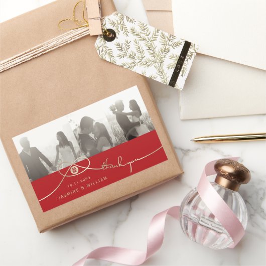 金ゴールド・ノット・ダブル中国の・ハピ結婚ネスの写真 長方形シール (ギフト)