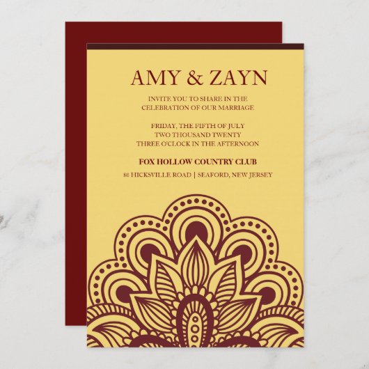 金ゴールド·バーガンディインディアン結婚式招待状 招待状 (正面/裏面)