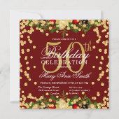 金ゴールド&バーガンディホリデイグリッターグラム50th誕生日 招待状 (正面)