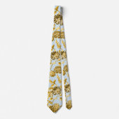 金ゴールド&パウダーブルーボモダンタニカルフローラトイル ネクタイ (正面)
