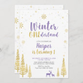 金ゴールド&パープルウィンターガール1st誕生日招待状 招待状 (正面/裏面)