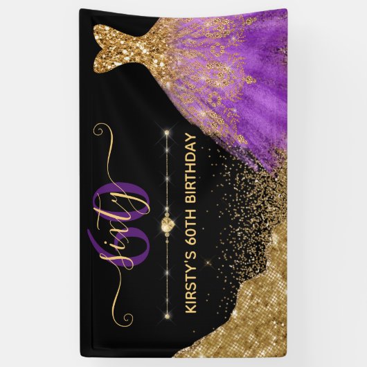 金ゴールド&パープルウォーターカラードレス誕生日 横断幕 (縦)